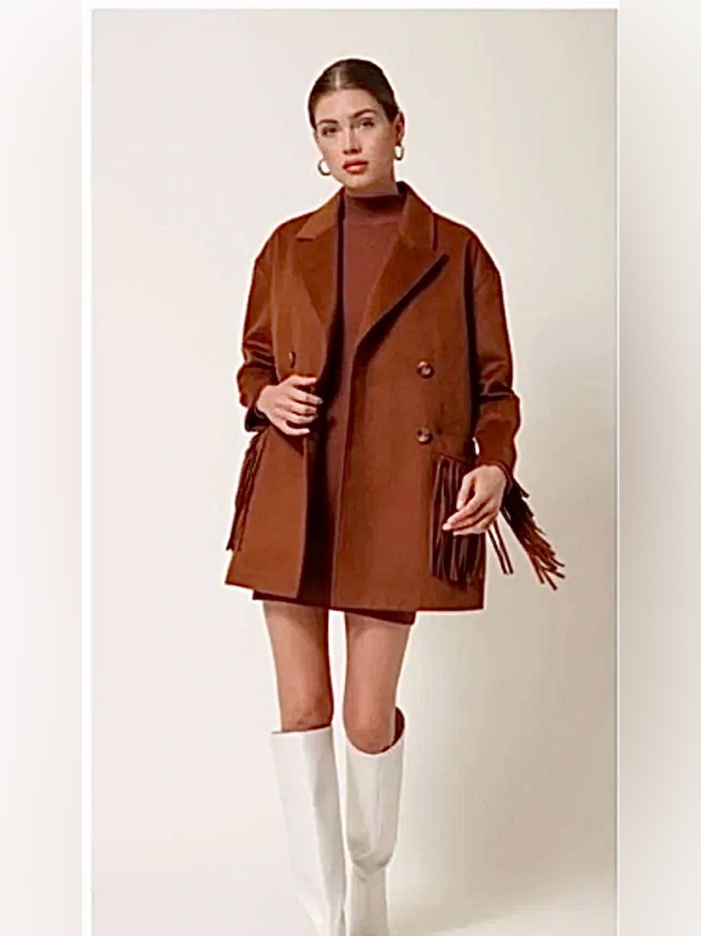Line & Dot Cognac Fringe Double-Breasted Pea Coat